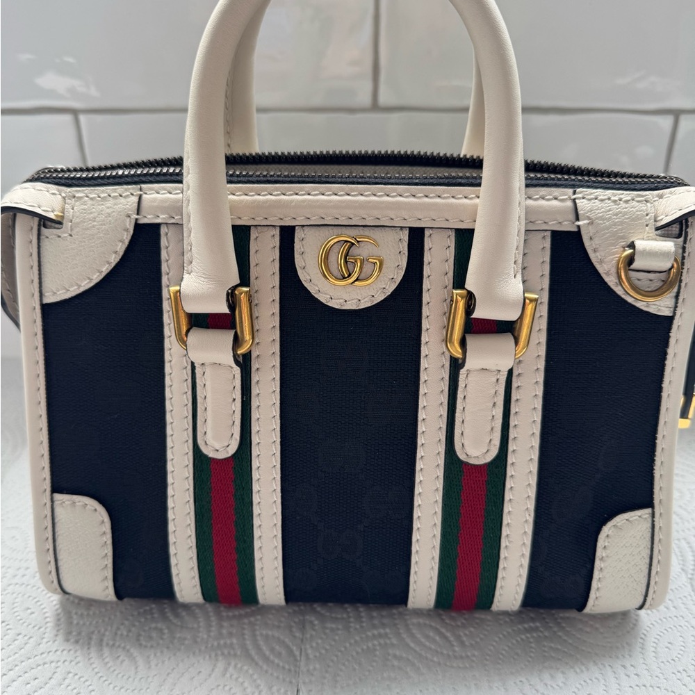 Gucci Double G web Black and Cream Mini canvas/leather Bag with Gold Accents